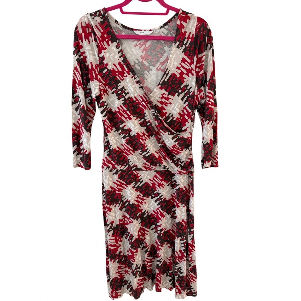 Next‎ Women Red Geometric Abstract Print V-Neck Faux Wrap Dress 3/4 Sleeve UK 12